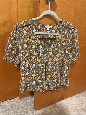 Lucky Brand Green Floral Short-Sleeve Button Front Blouse